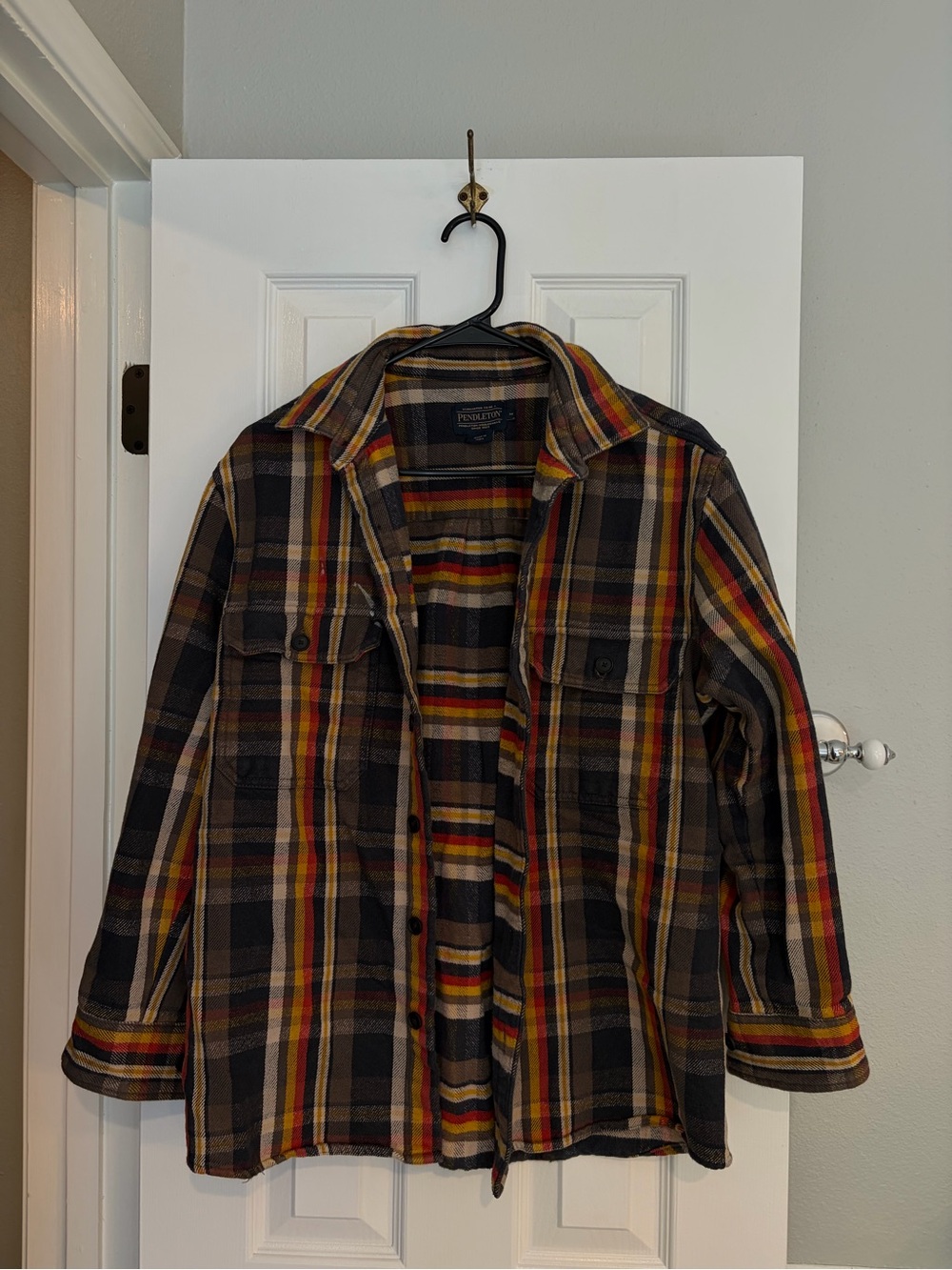 Pendleton Plaid Flannel Shirt Men’s Medium Cotton Brown Mustard Red